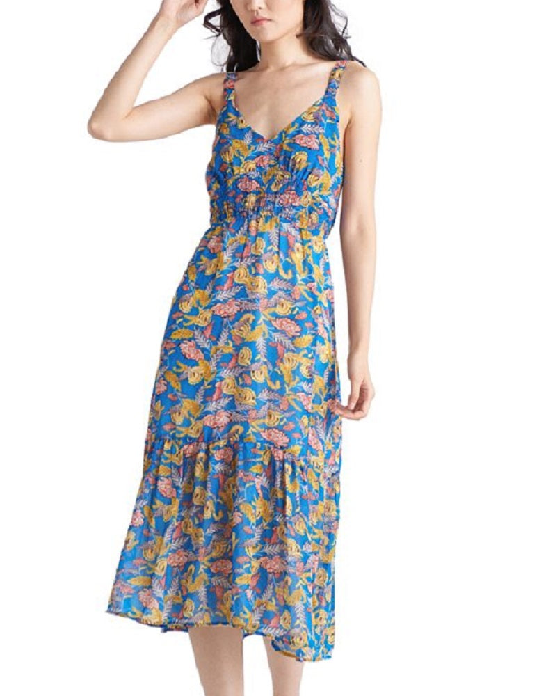 Vestido feminino evasê floral em camadas da Black Tape, azul, tamanho médio