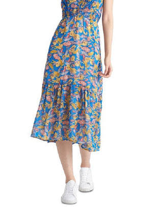 Vestido feminino evasê floral em camadas da Black Tape, azul, tamanho médio