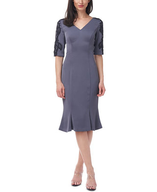 Vestido feminino JS Collections com decote em V e silhueta flare, cinza, tamanho 12