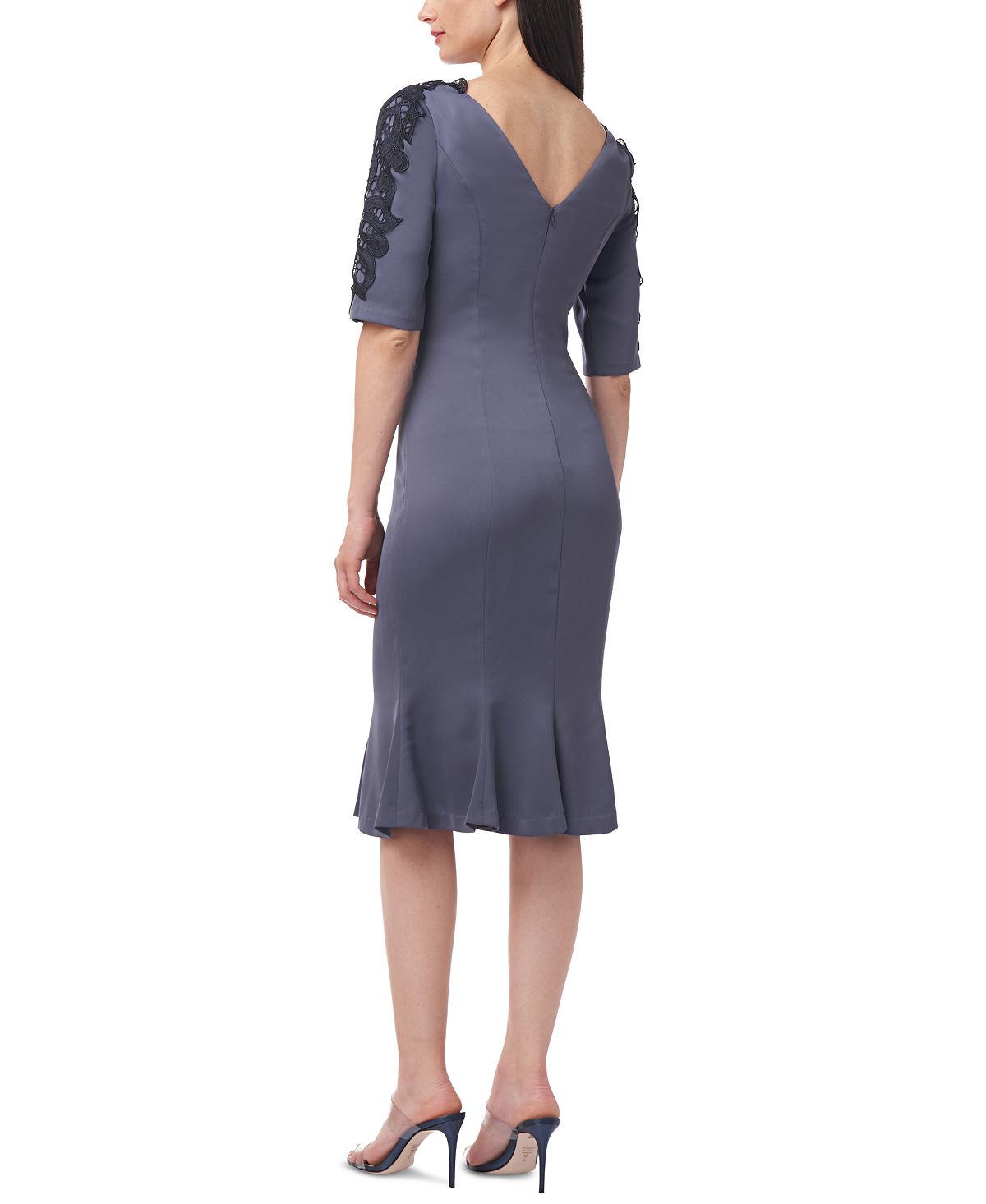 Vestido feminino JS Collections com decote em V e silhueta flare, cinza, tamanho 12