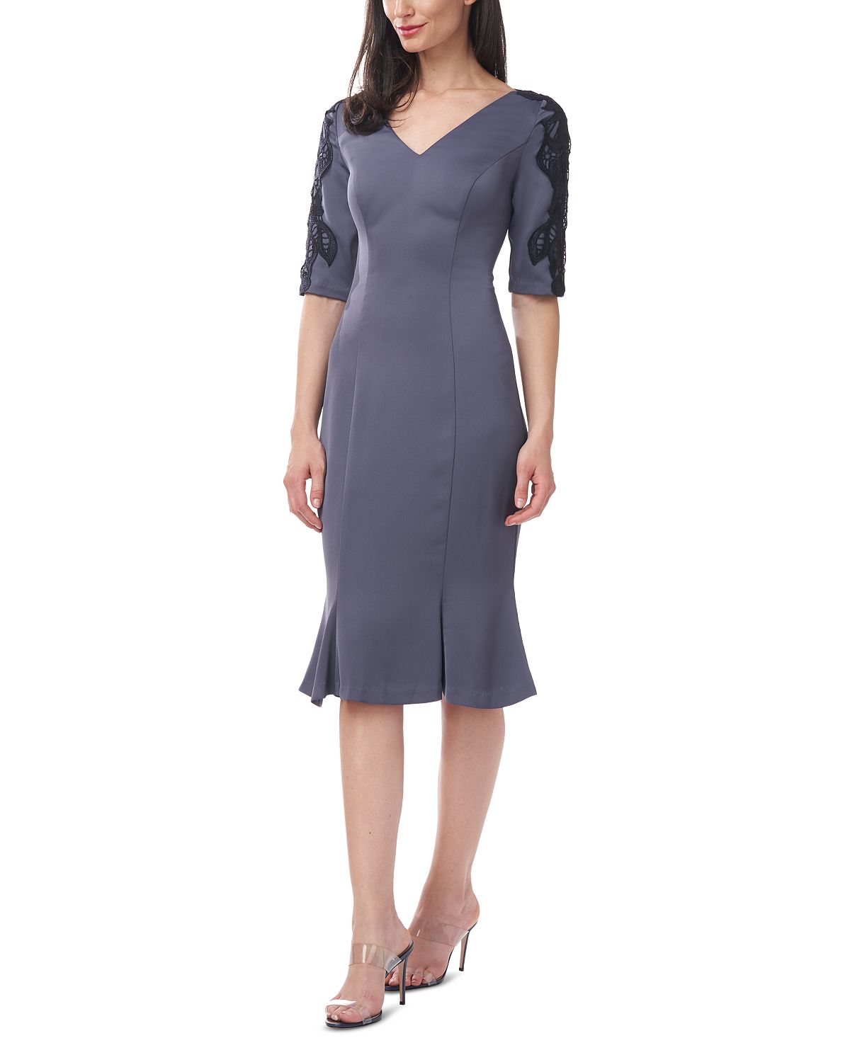 Vestido feminino JS Collections com decote em V e silhueta flare, cinza, tamanho 12