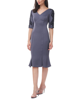 Vestido feminino JS Collections com decote em V e silhueta flare, cinza, tamanho 12