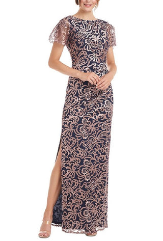 Vestido de noite feminino JS Collections, plissado, com zíper, mangas esvoaçantes, gola redonda, comprimento total, vermelho, tamanho 6