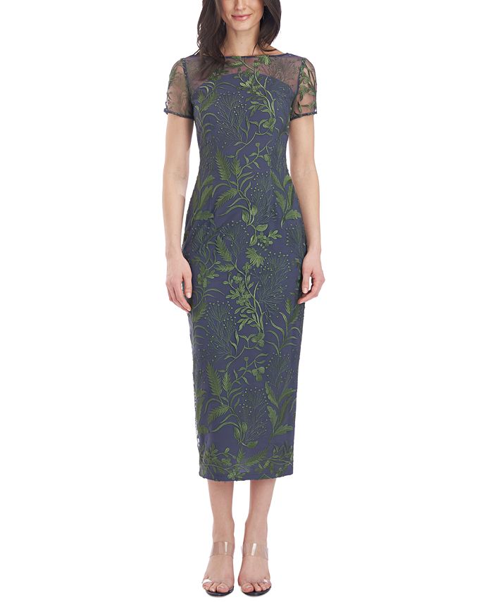 Vestido midi de malha bordada feminino JS Collections, verde, tamanho 10