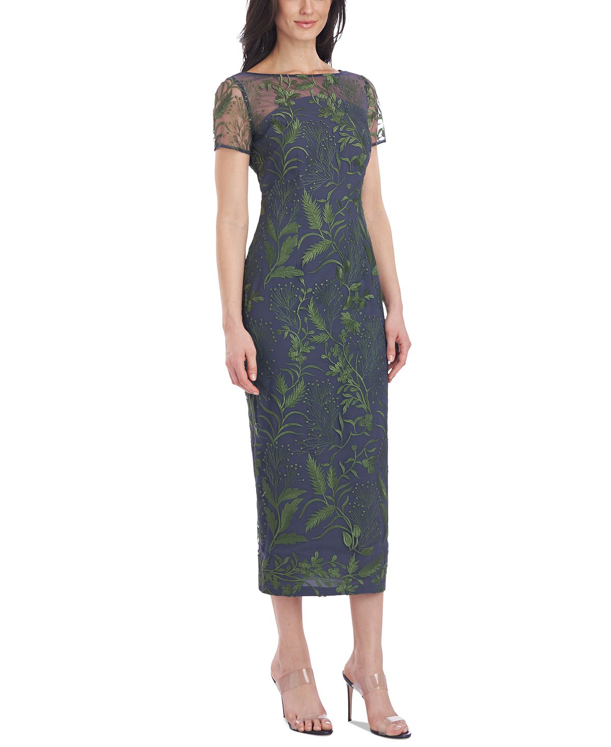Vestido midi de malha bordada feminino JS Collections, verde, tamanho 10