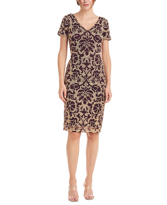 Vestido de coquetel feminino Nadia com decote em V e bordado em malha, amarelo, tamanho 4, JS Collections