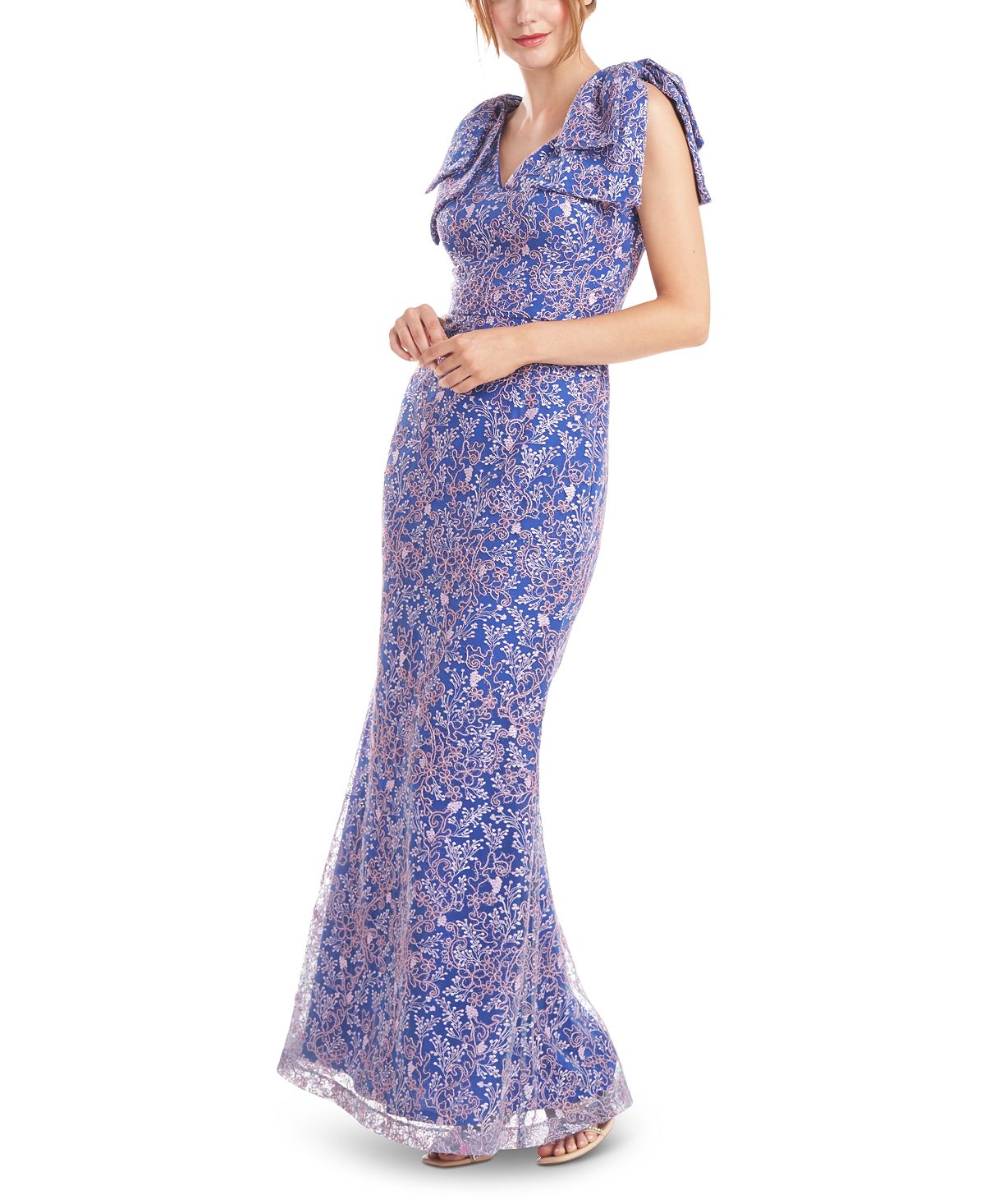 Vestido trompete floral bordado Kamila feminino da JS Collections, azul, tamanho 16