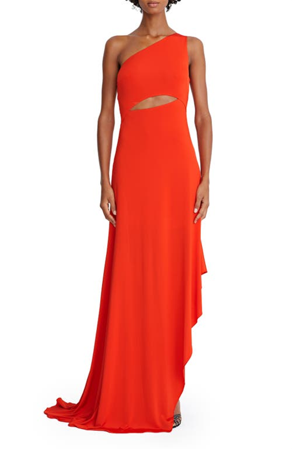 Vestido Halston Jersey Cascade com Fenda, Tamanho 4, Vermelho