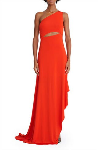 Vestido Halston Jersey Cascade com Fenda, Tamanho 4, Vermelho