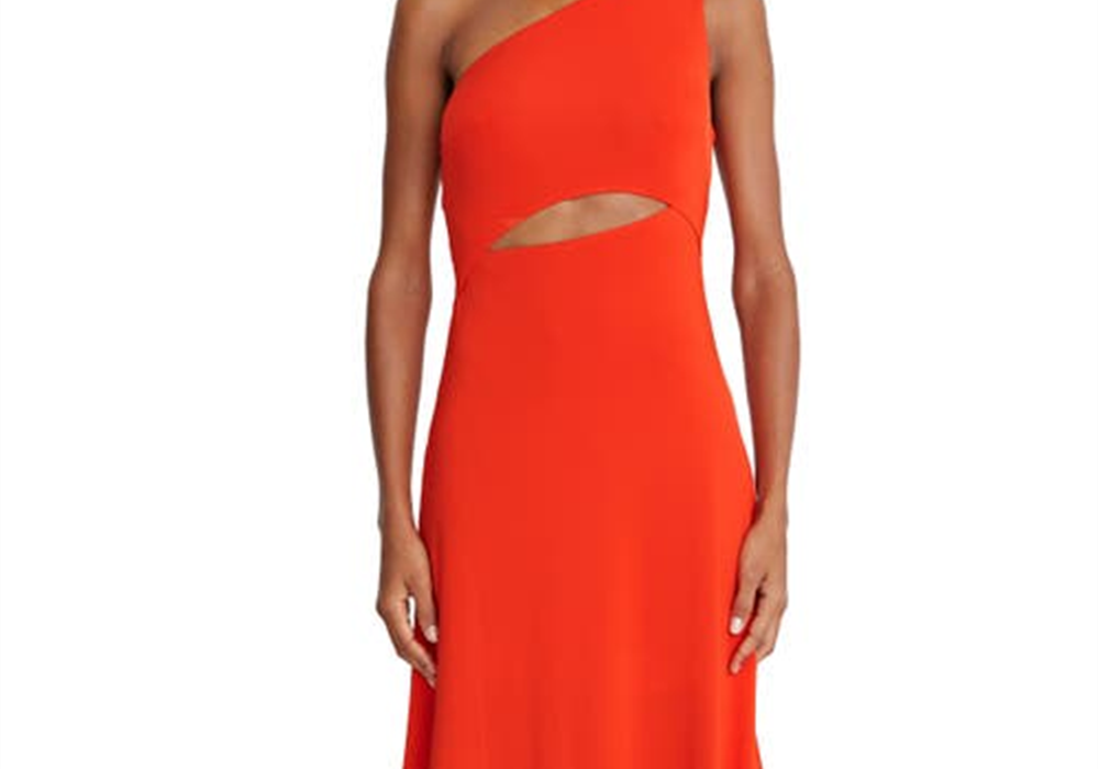 Vestido Halston Jersey Cascade com Fenda, Tamanho 4, Vermelho