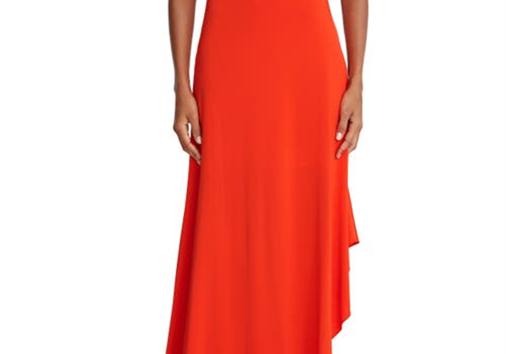 Vestido Halston Jersey Cascade com Fenda, Tamanho 4, Vermelho