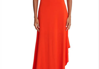 Vestido Halston Jersey Cascade com Fenda, Tamanho 4, Vermelho