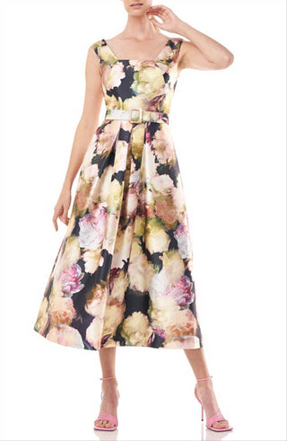 Vestido midi floral tamanho 4 Kay Unger Perry em calêndula