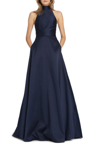 Vestido de noite feminino Ml Monique Lhuiller com gola alta, azul, tamanho 4