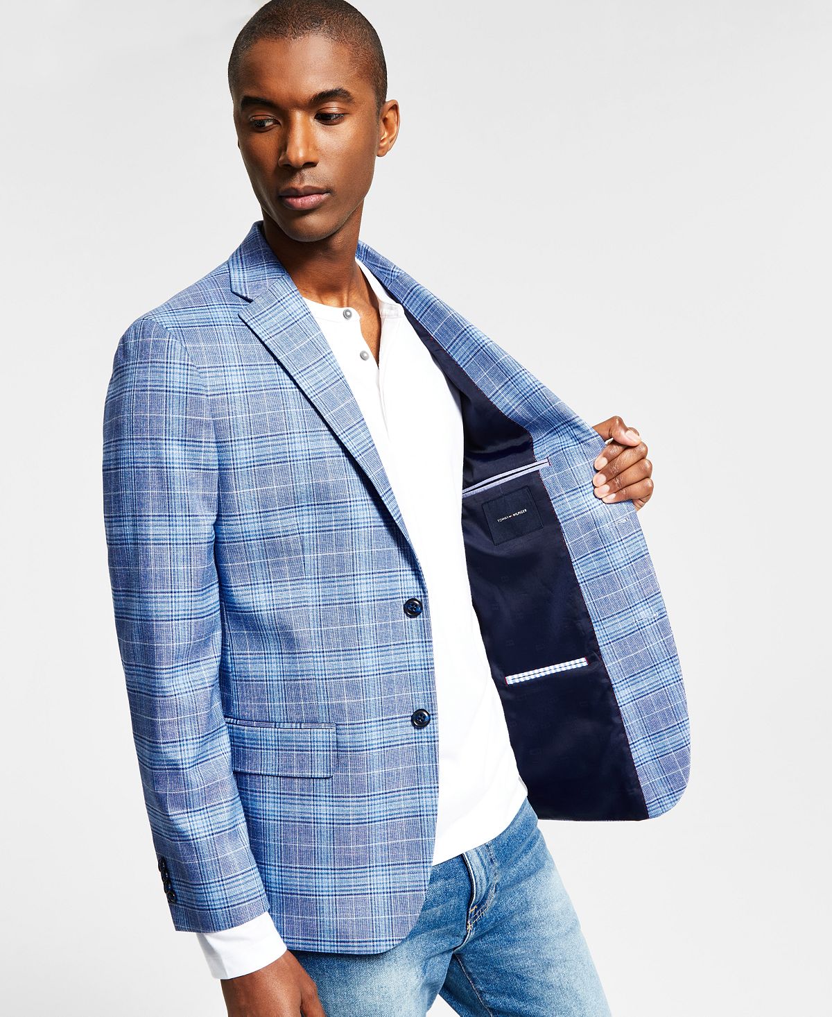 Tommy Hilfiger Blazer xadrez azul masculino Modern Fit, tamanho 42