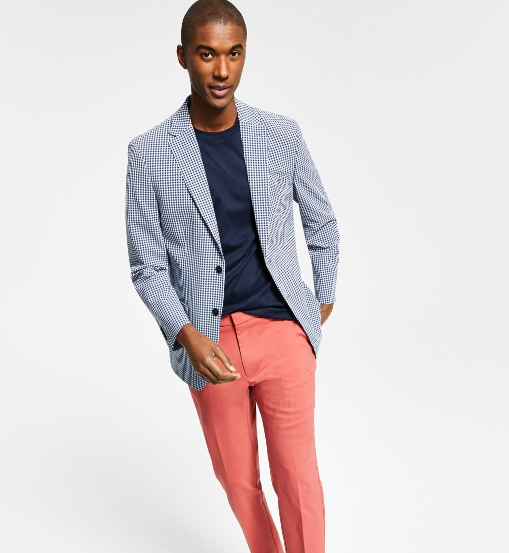 Tommy Hilfiger Blazer Masculino Modern Fit Stretch Seersucker Check Azul Tamanho 44