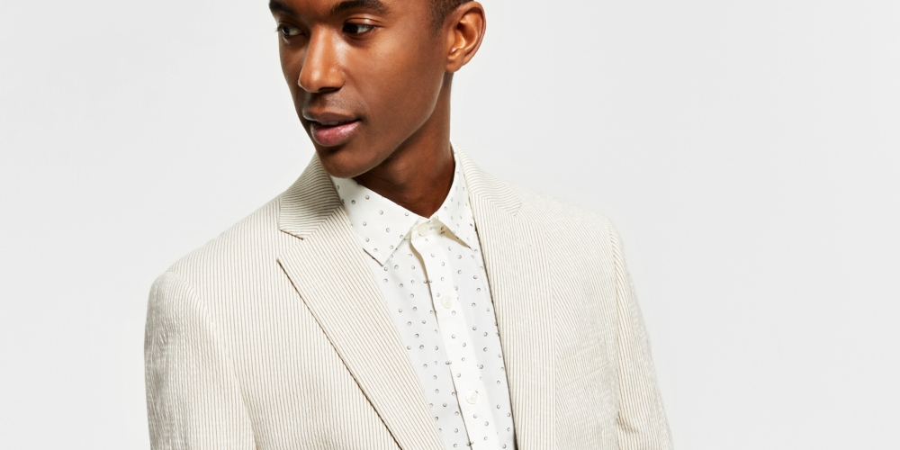 Jaqueta Alfani Masculina Slim Fit Listrada Seersucker Marrom Tamanho 38