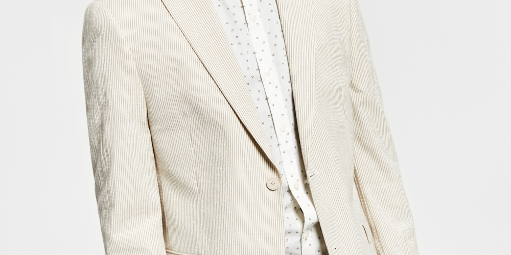 Jaqueta Alfani Masculina Slim Fit Listrada Seersucker Marrom Tamanho 38