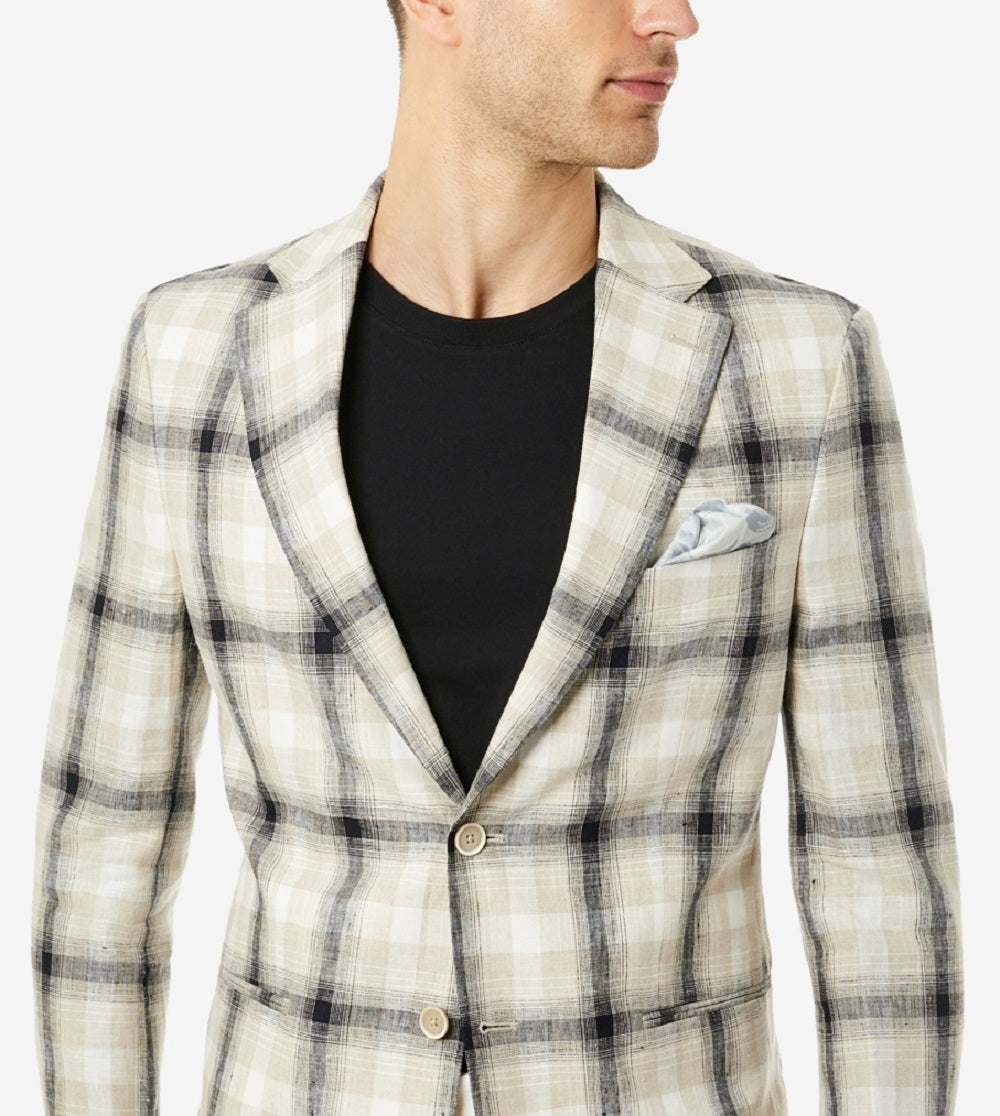 Blazer masculino Tallia Slim Fit em linho xadrez creme e preto, tamanho 44