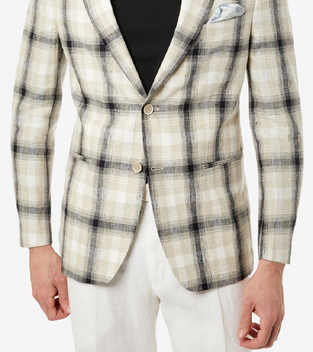 Blazer masculino Tallia Slim Fit em linho xadrez creme e preto, tamanho 44