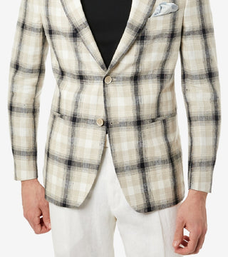 Blazer masculino Tallia Slim Fit em linho xadrez creme e preto, tamanho 44