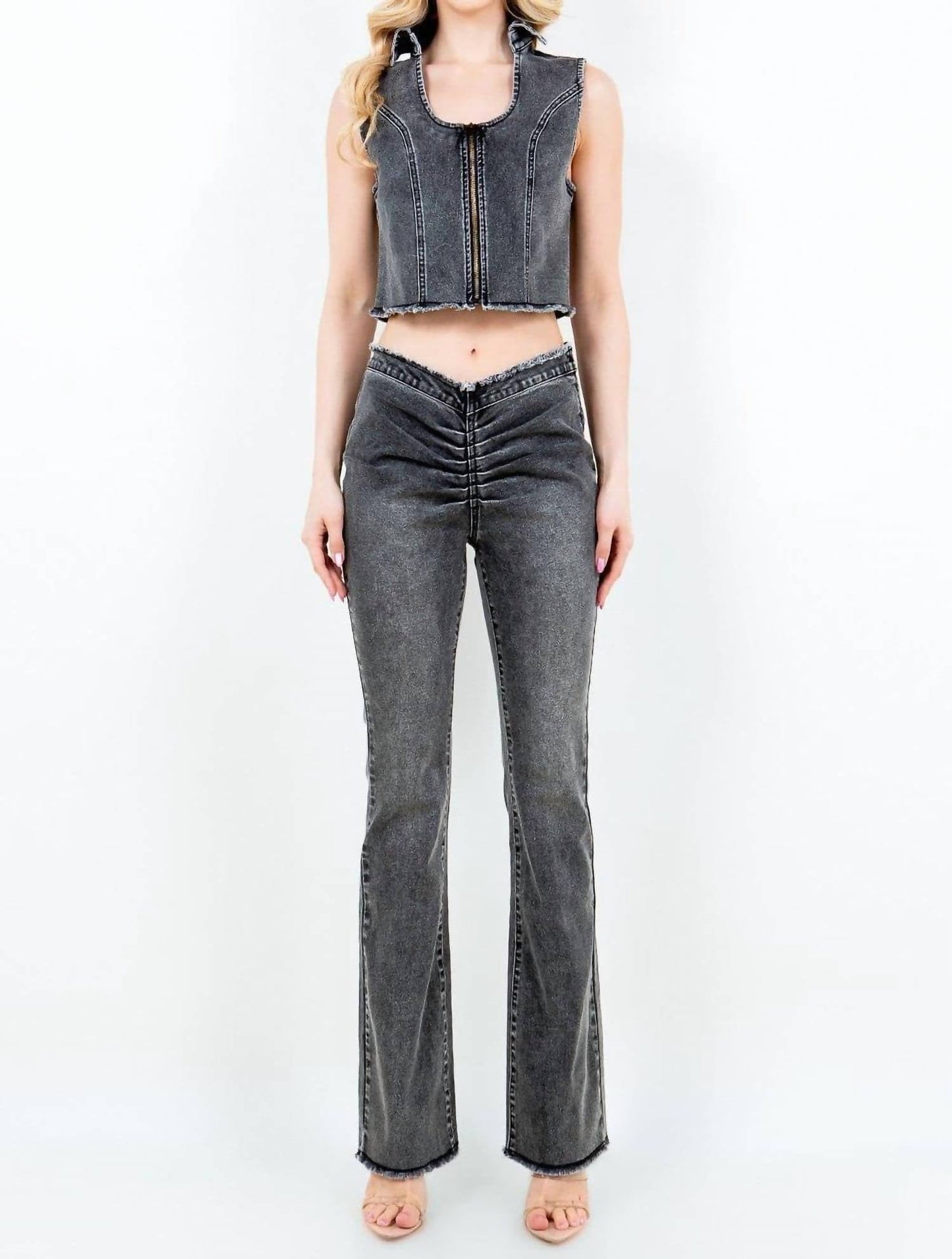 American Bazi - Chic V Cut Ruched Flare Pants