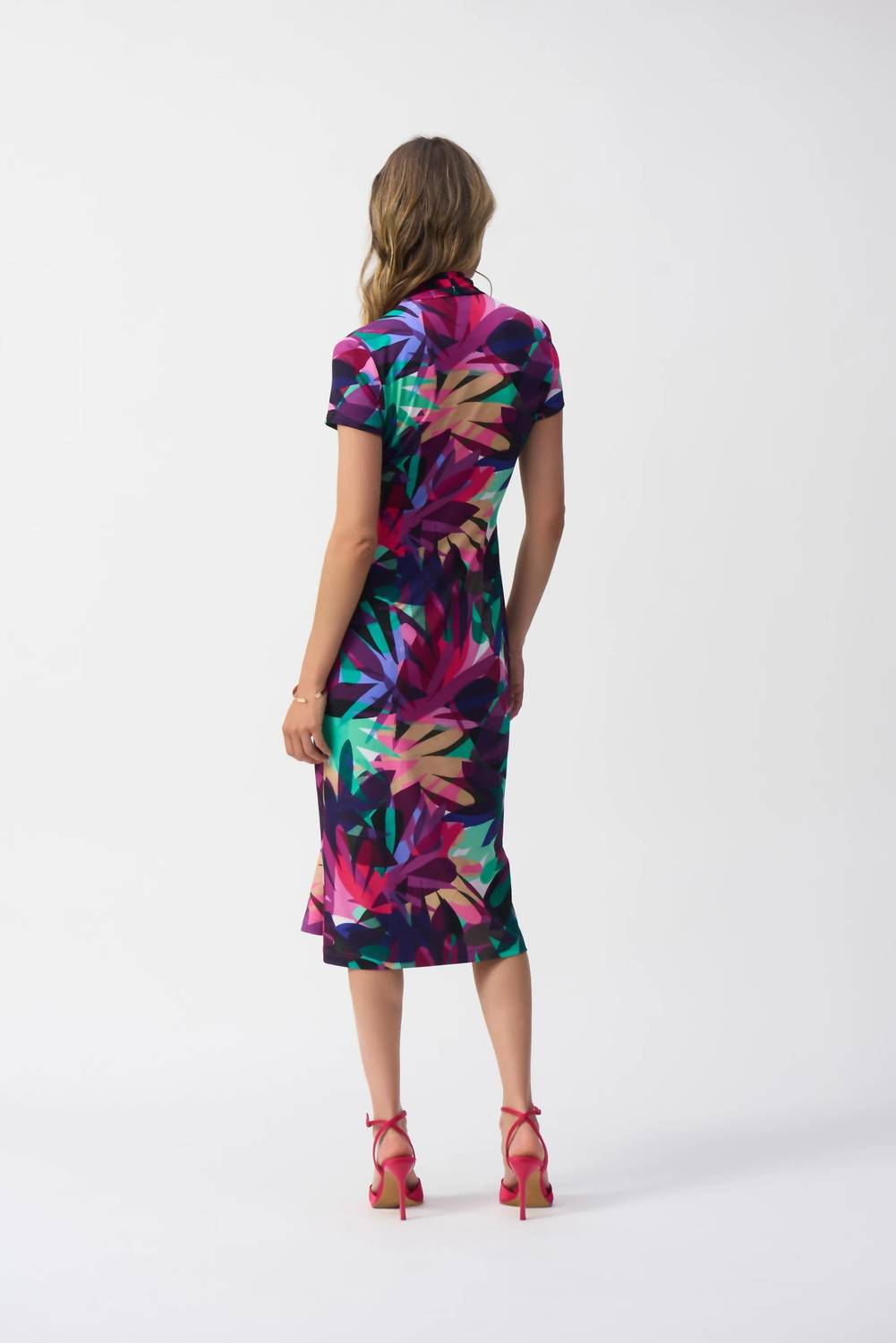Joseph Ribkoff - Tropical Print Draped Front Midi Sheath Dress