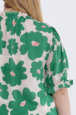 Entro - Poppy Floral Mock Neck Puff Sleeve Top