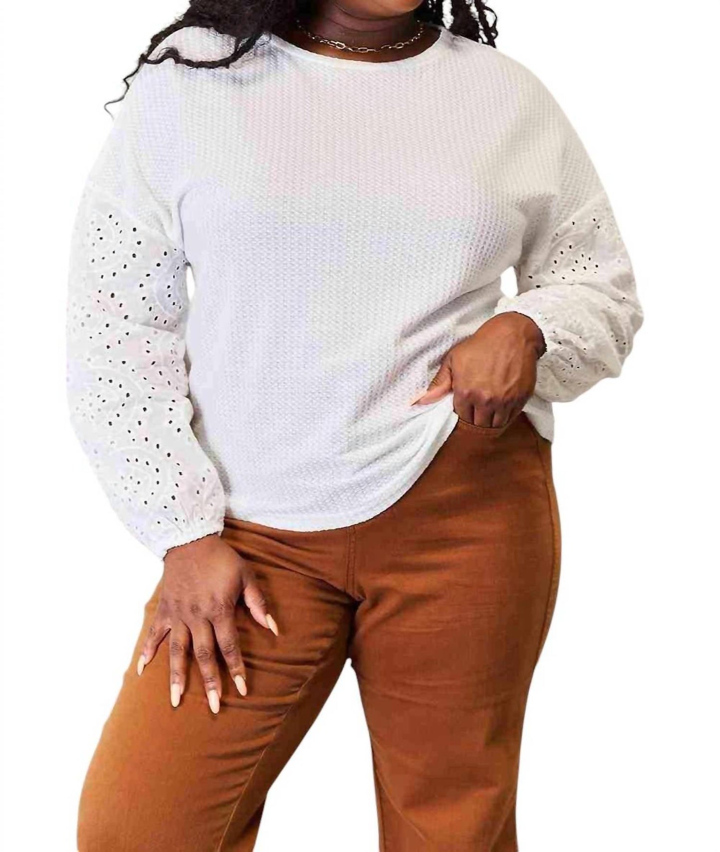 Double Take - Eyelet Elegance Drop Shoulder Blouse