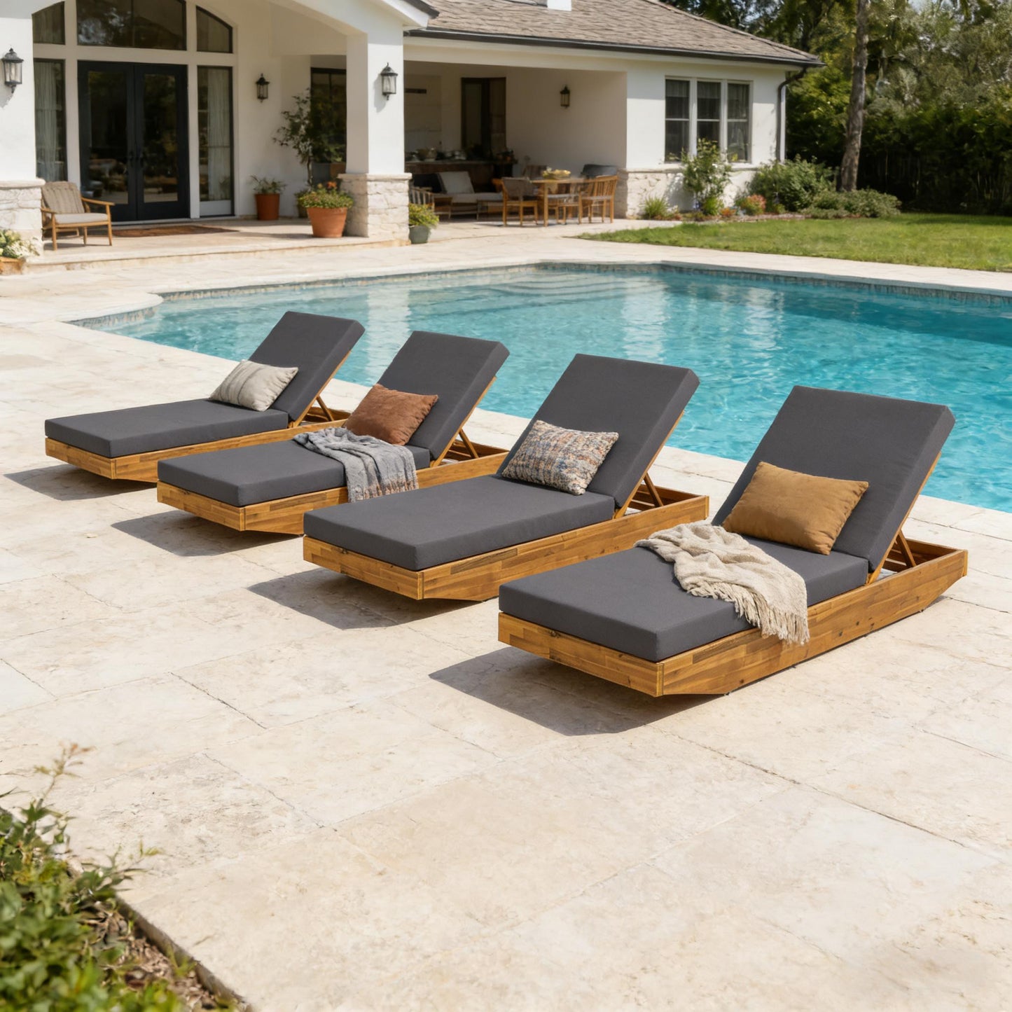 Acacia Wood Chaise Lounge with Cushion - Teak Finish