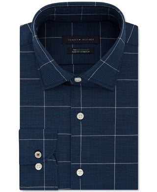 Camisa social masculina Tommy Hilfiger Slim Fit, sem passar a ferro, Thflex Stretch Windowpane Check, azul, tamanho 16,5 x 32 x 33