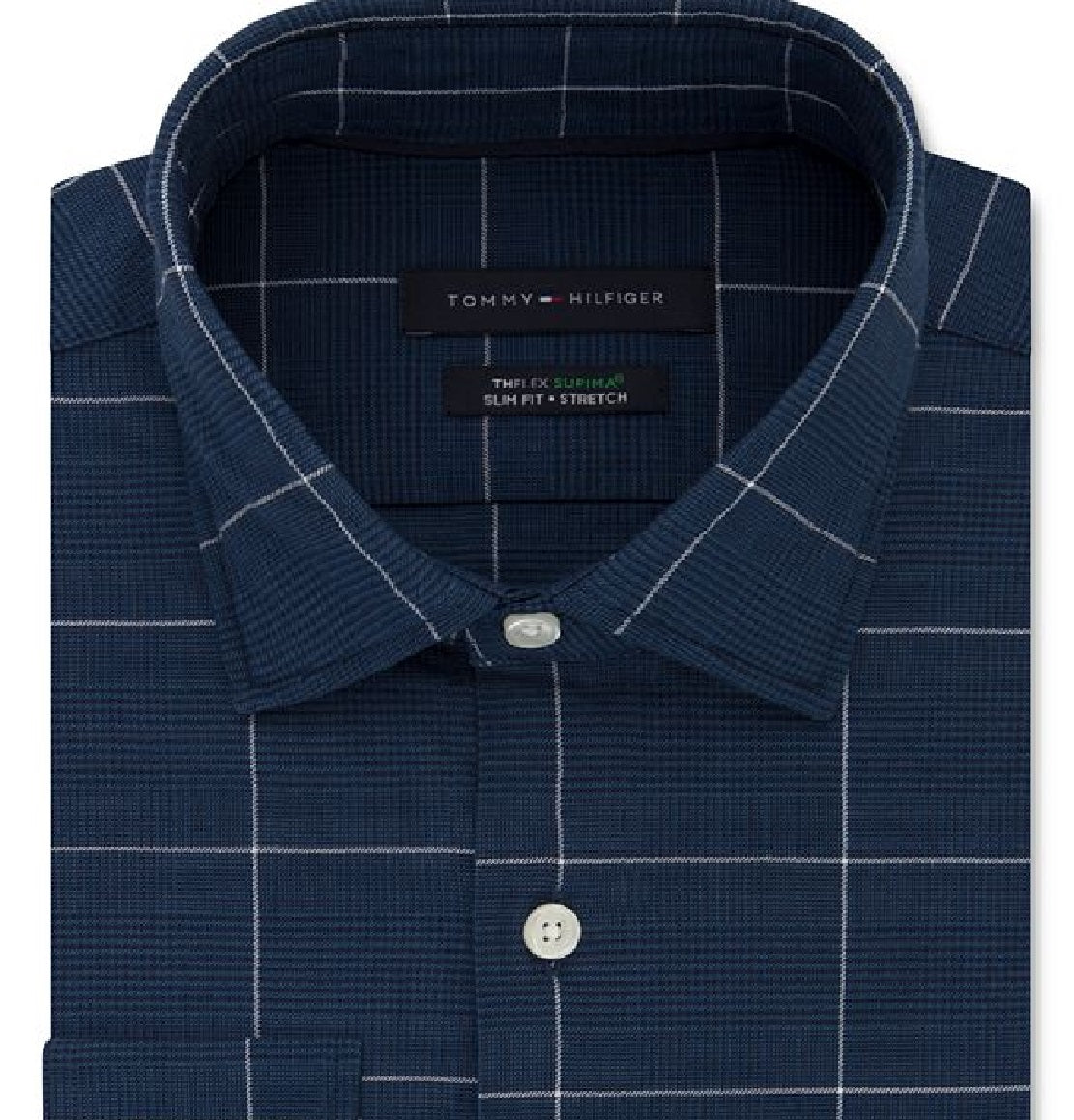 Camisa social masculina Tommy Hilfiger Slim Fit, sem passar a ferro, Thflex Stretch Windowpane Check, azul, tamanho 16,5 x 32 x 33
