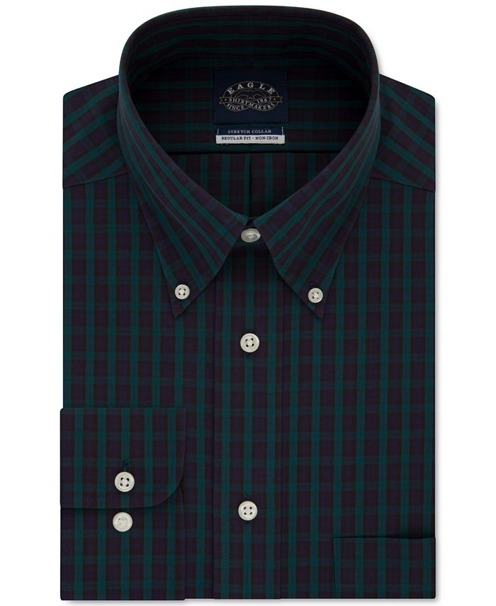 Camisa social xadrez Eagle Masculina Classic Regular Fit, sem passar a ferro, com gola flexível, verde, tamanho 17X32-33