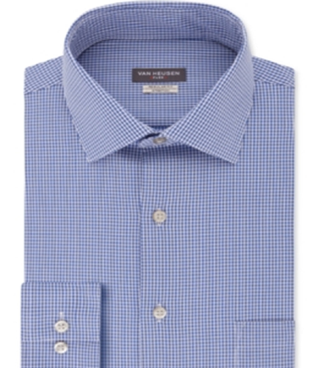 Camisa social masculina Van Heusen Classic Regular Fit com gola flexível elástica xadrez, tamanho azul, 16,5 x 36 x 37