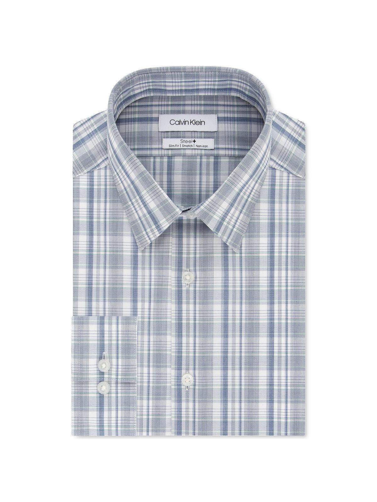 Camisa social masculina Calvin Klein Steel+ Slim-Fit, sem necessidade de passar, multi-xadrez, verde, tamanho 15x34-35