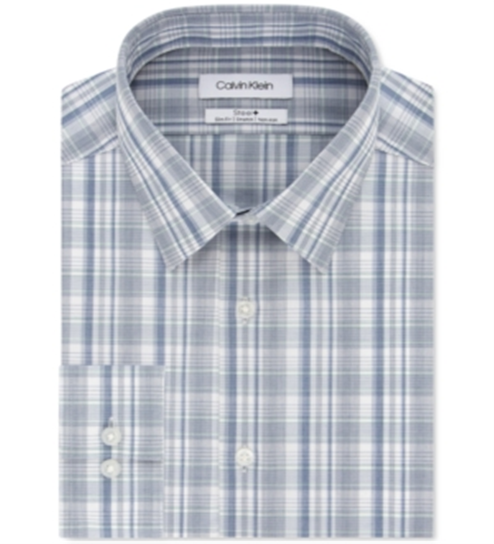 Camisa social masculina Calvin Klein Steel+ Slim-Fit, sem necessidade de passar, multi-xadrez, verde, tamanho 15x34-35