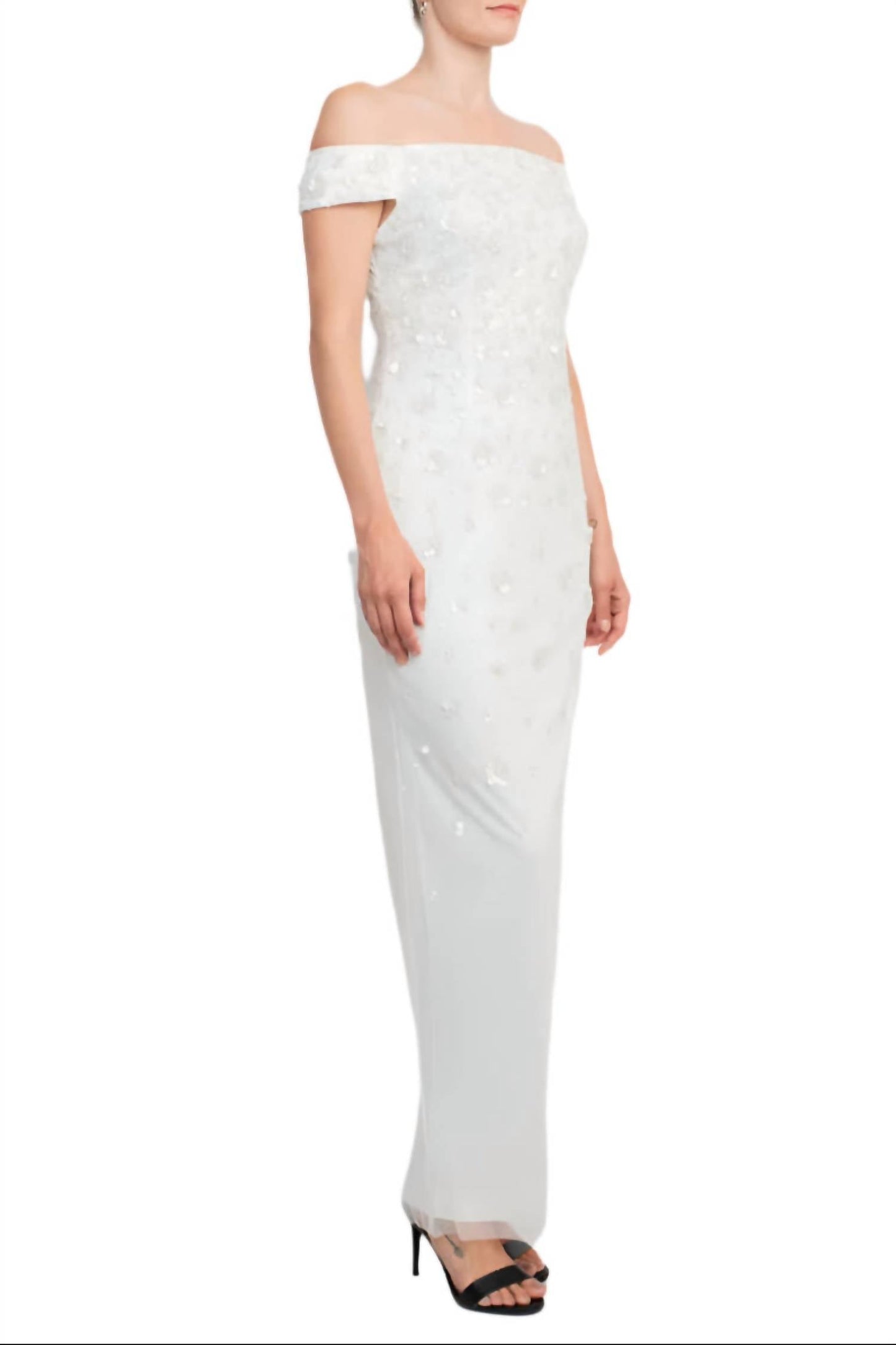 Adrianna Papell - Off-shoulder Sequined Beaded Column Mesh Gown
