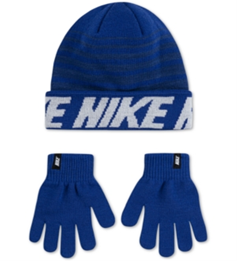 Conjunto de gorro e luvas Nike Big Boy's 2 peças com listras repetidas, azul, tamanho único