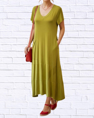 Kozan - Knit V-neck Short Sleeve Maxi Dress