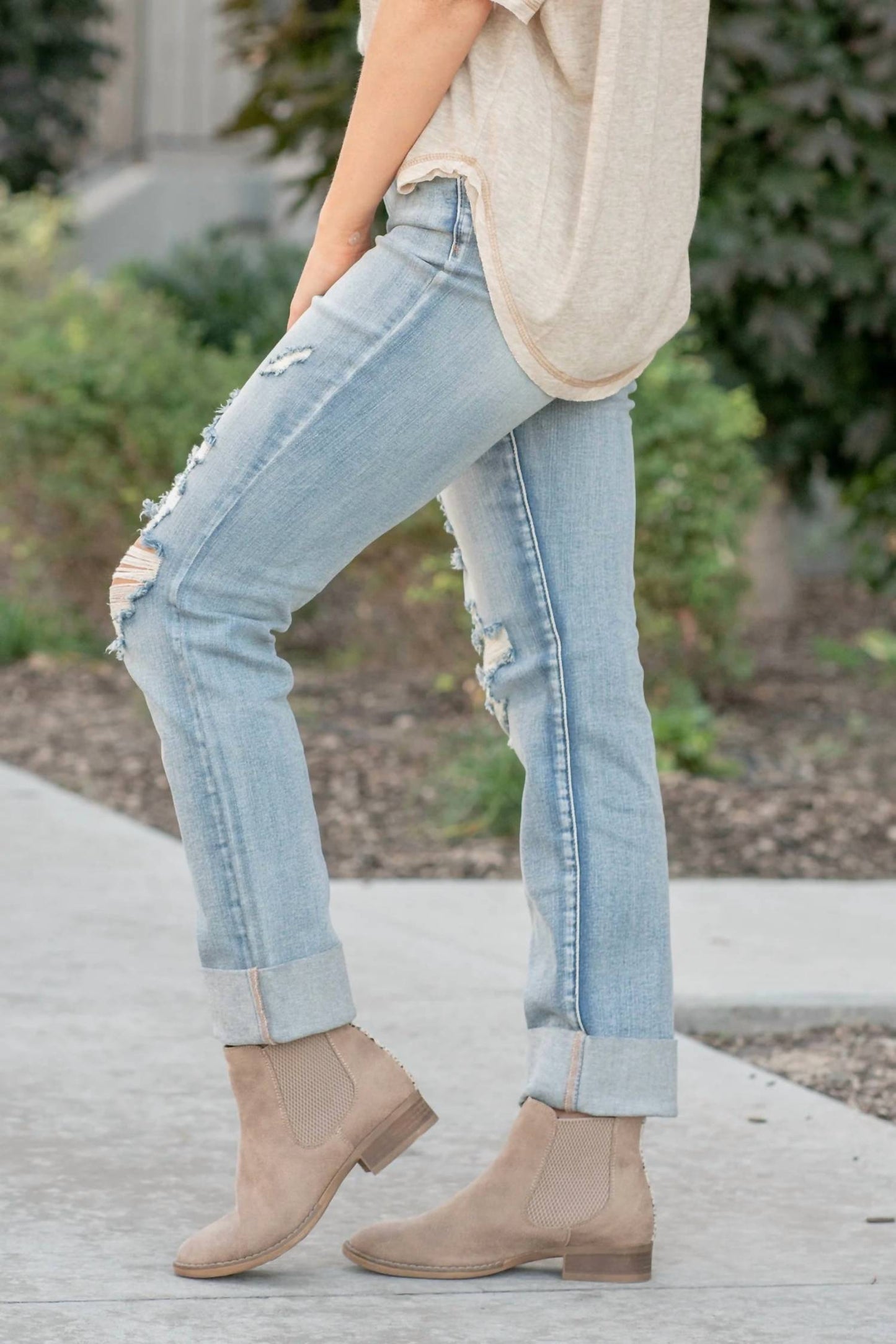 Judy Blue - High Waist Double Cuff Fray Hem Distressed Boyfriend Jeans