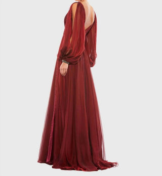 Mac Duggal - Vestido de chiffon com decote em V e corte A, punhos com contas