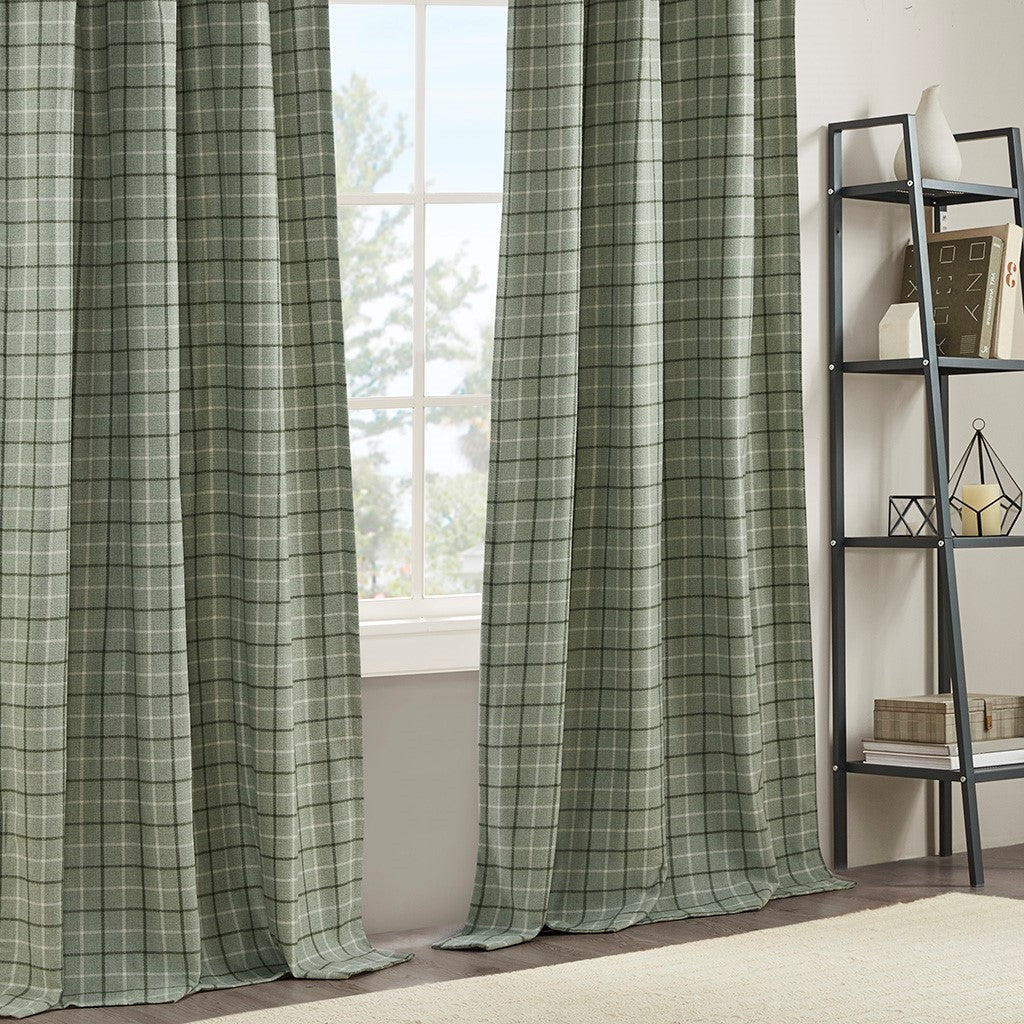 Plaid Rod Pocket and Back Tab Curtain Panel with Fleece Lining Green 50x84