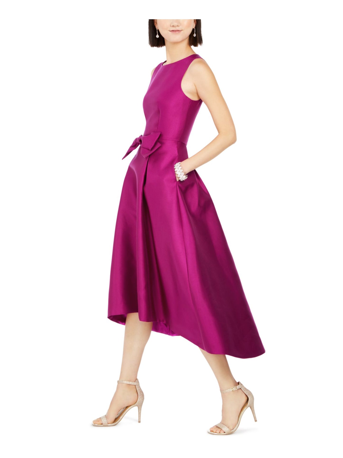 Vestido feminino Adrianna Papell com laço frontal evasê fúcsia, tamanho 4, rosa