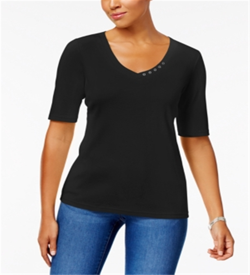 Karen Scott Top de algodão com manga cotovelo feminino, preto, tamanho médio
