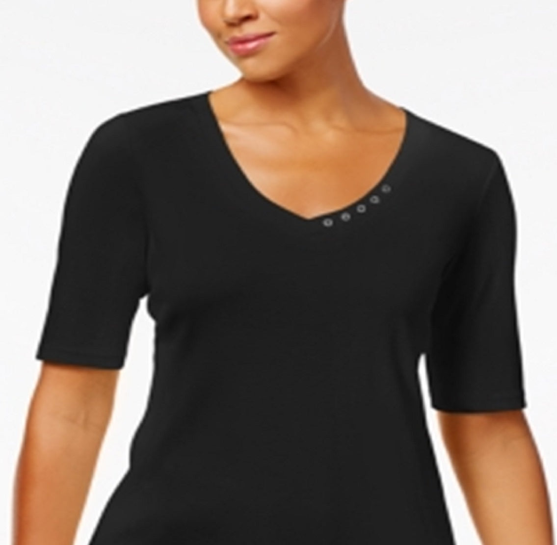 Karen Scott Top de algodão com manga cotovelo feminino, preto, tamanho médio