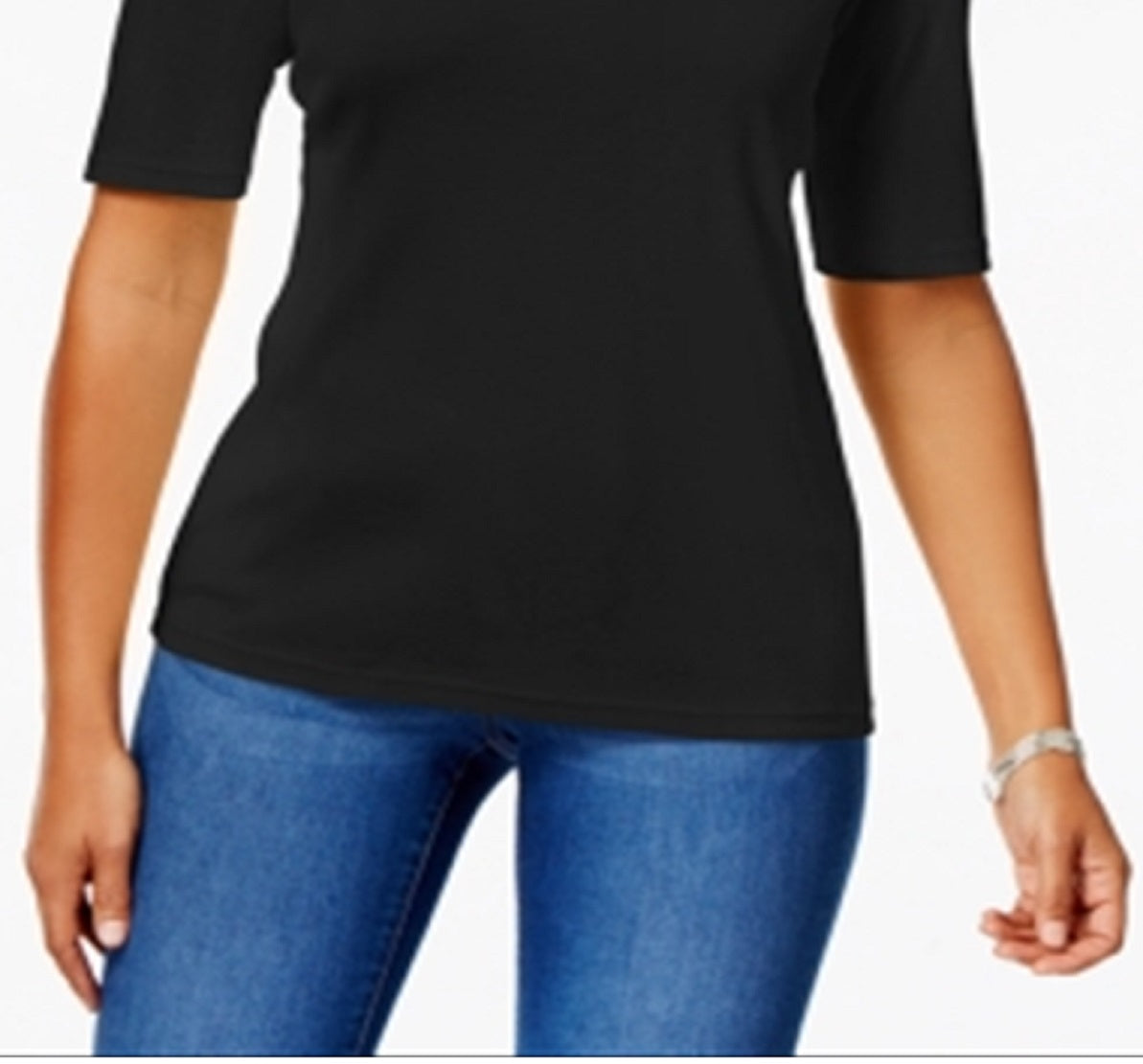 Karen Scott Top de algodão com manga cotovelo feminino, preto, tamanho médio
