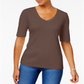 Karen Scott Blusa de algodão com manga cotovelo feminina, marrom, tamanho médio