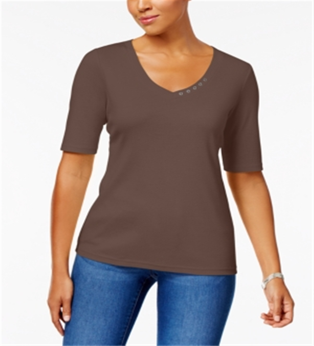 Karen Scott Blusa de algodão com manga cotovelo feminina, marrom, tamanho médio