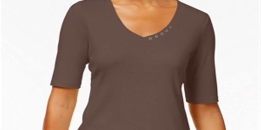 Karen Scott Blusa de algodão com manga cotovelo feminina, marrom, tamanho médio