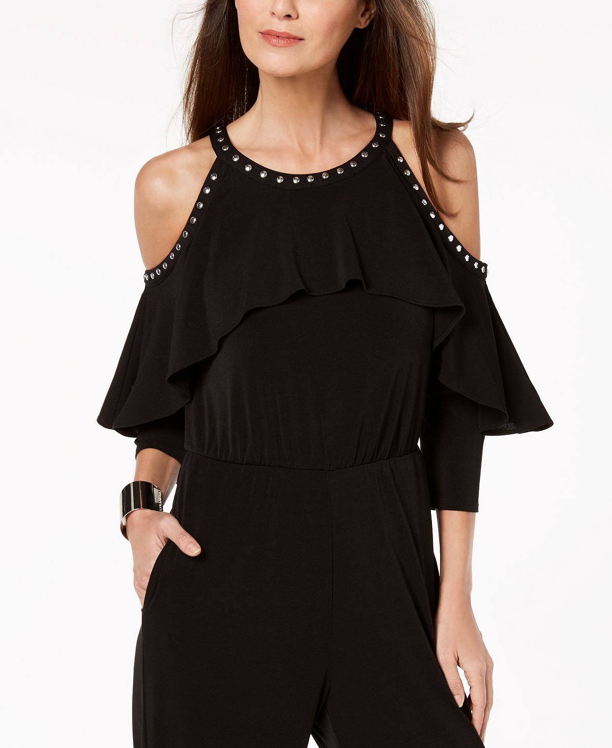 Macacão feminino Thalia Sodi com ombros descobertos, preto, tamanho extragrande